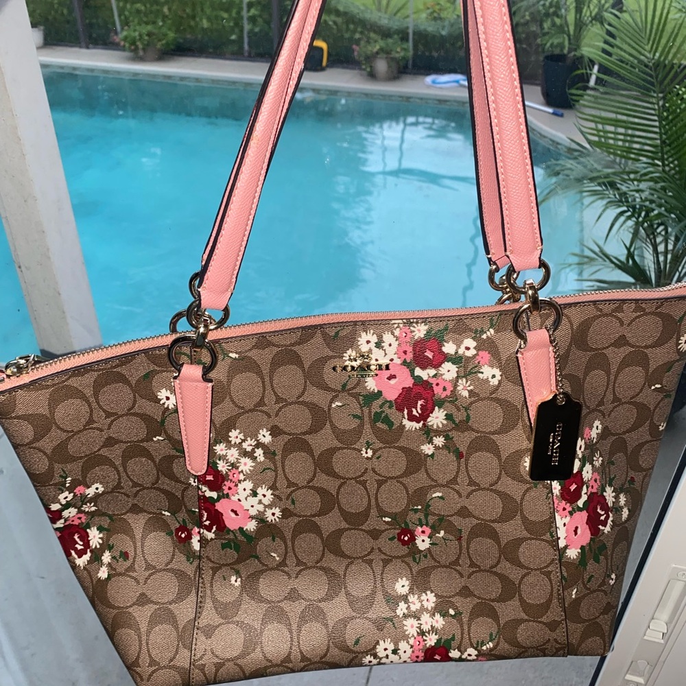 Coach Signature Floral Tote - Brown and Pink